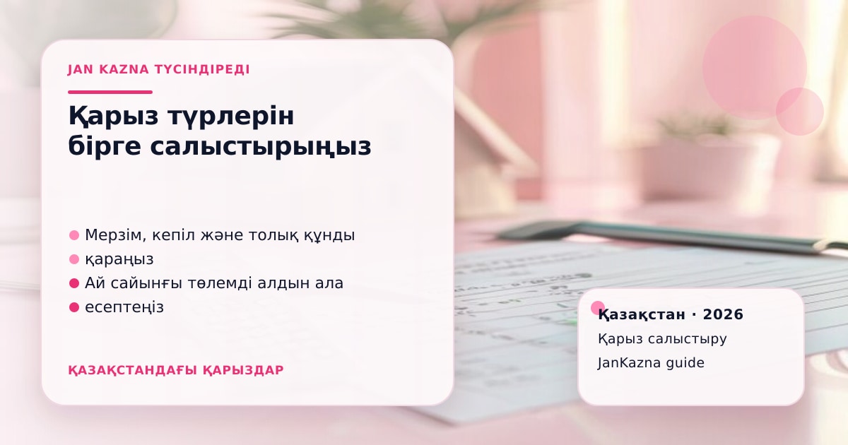 JanKazna стиліндегі пастельді кеңсе көрінісі, қарыз түрлерін салыстыру карточкасы