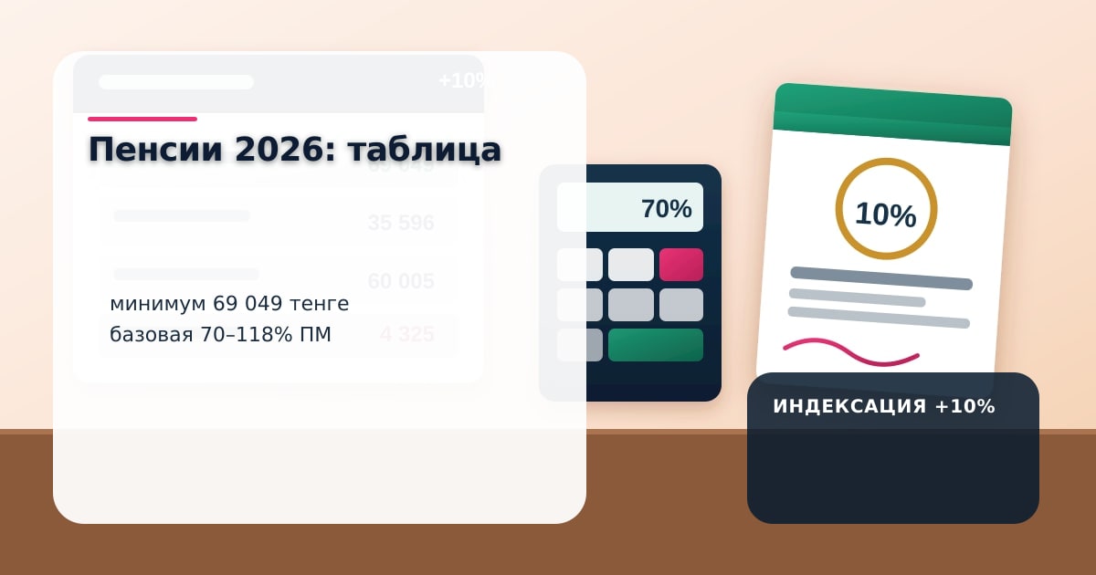 Таблица индексации пенсий, калькулятор и пенсионное удостоверение на столе — минимальная пенсия и базовая выплата 2026