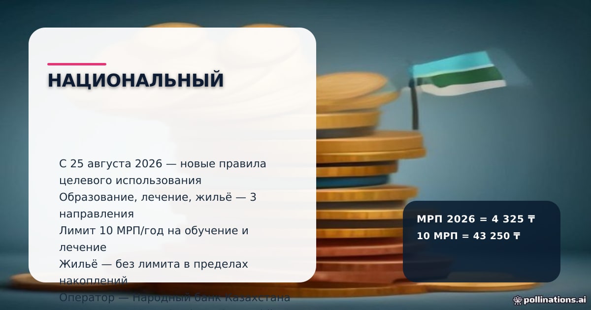 Национальный флаг Казахстана с растущей стопкой монет, символы образования и жилья — использование средств Нацфонда ребенка 2026