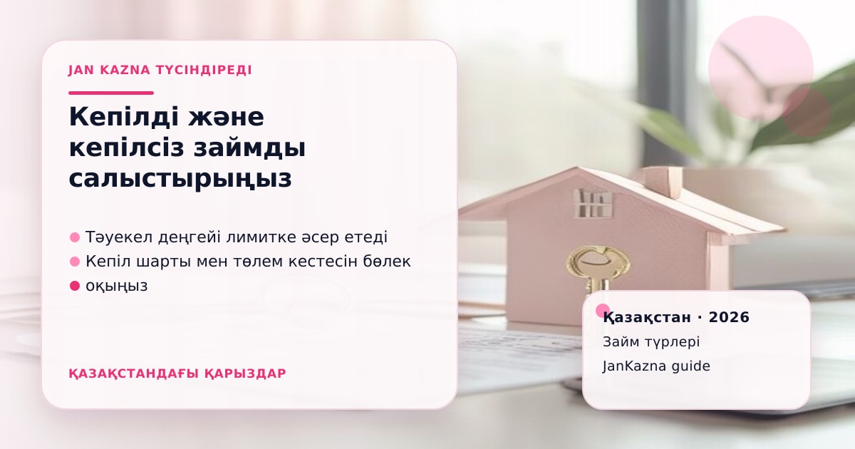 JanKazna стиліндегі пастельді кеңсе көрінісі, кепілді және кепілсіз займды салыстыру карточкасы