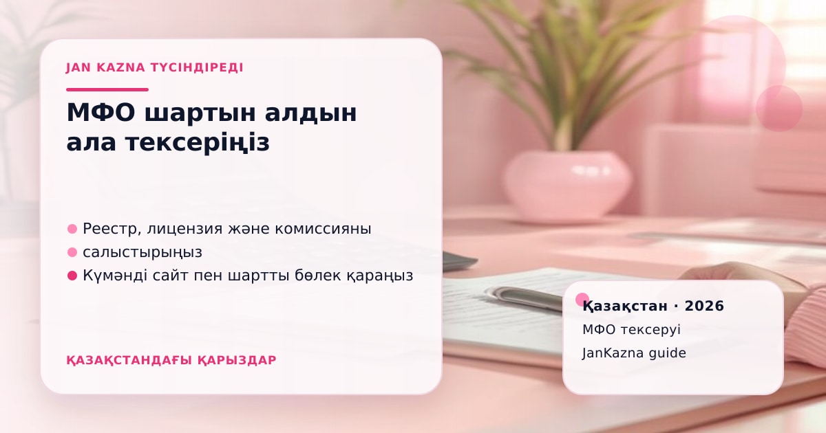 JanKazna стиліндегі пастельді кеңсе көрінісі, МФО шартын және лицензиясын тексеру карточкасы