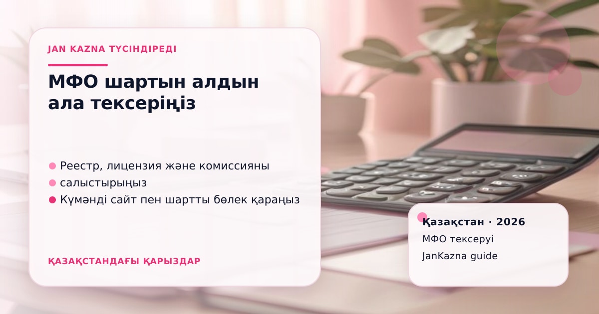 JanKazna стиліндегі пастельді кеңсе көрінісі, МФО шартын және лицензиясын тексеру карточкасы