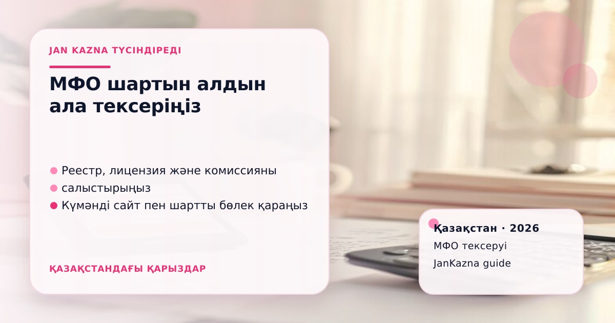 JanKazna стиліндегі пастельді кеңсе көрінісі, МФО шартын және лицензиясын тексеру карточкасы