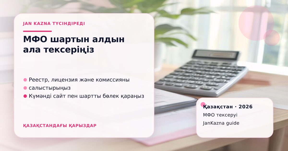 JanKazna стиліндегі пастельді кеңсе көрінісі, МФО шартын және лицензиясын тексеру карточкасы