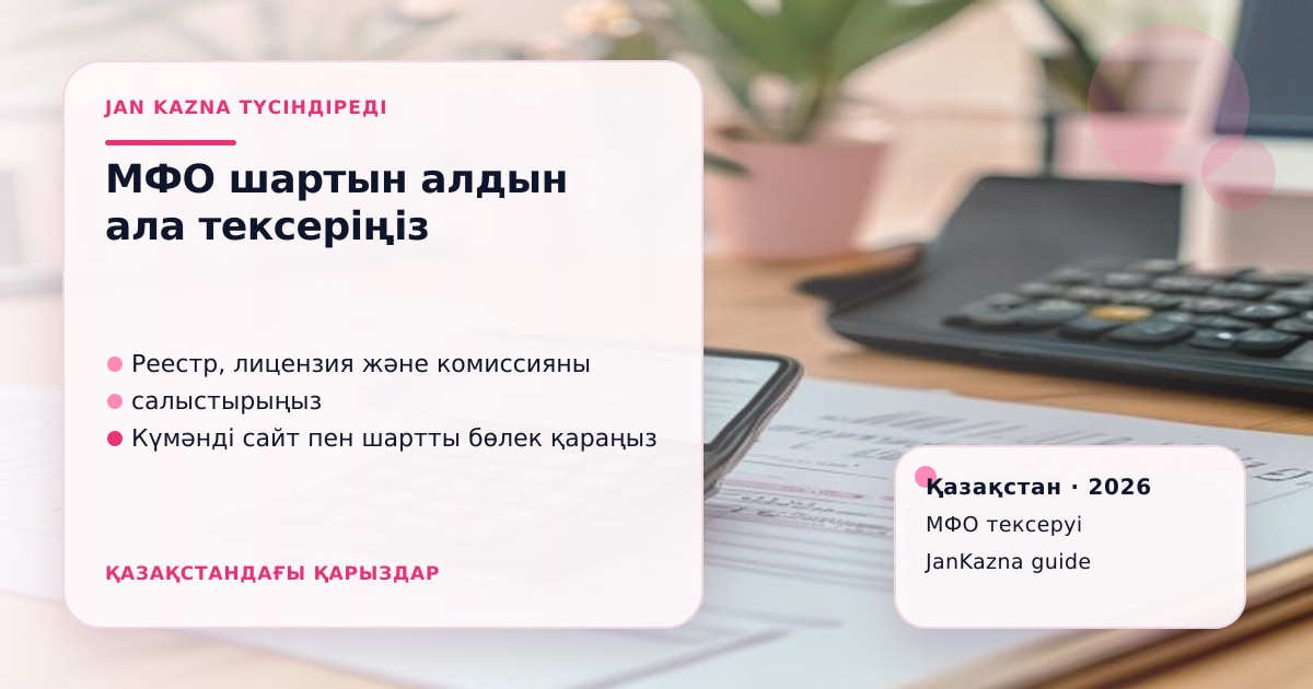 JanKazna стиліндегі пастельді кеңсе көрінісі, МФО шартын және лицензиясын тексеру карточкасы