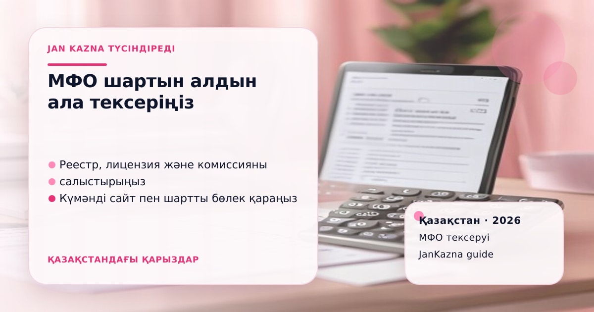 JanKazna стиліндегі пастельді кеңсе көрінісі, МФО шартын және лицензиясын тексеру карточкасы