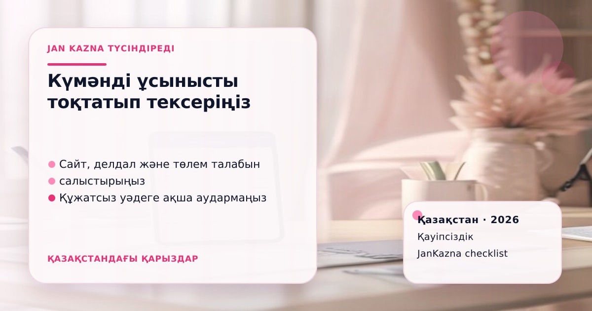 JanKazna стиліндегі пастельді кеңсе көрінісі, күмәнді қаржы ұсынысын тексеру карточкасы