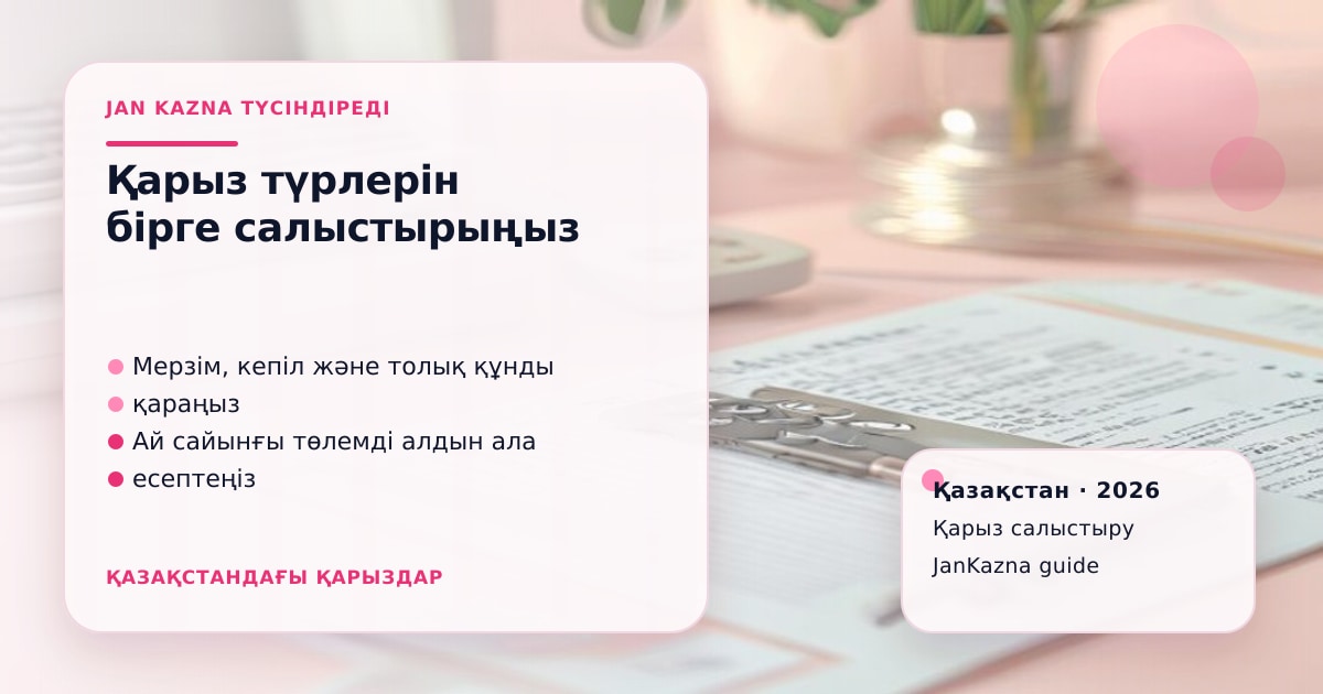JanKazna стиліндегі пастельді кеңсе көрінісі, қарыз түрлерін салыстыру карточкасы