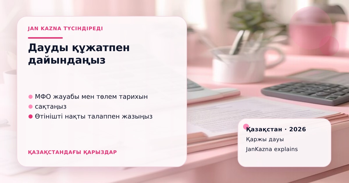 JanKazna стиліндегі пастельді кеңсе көрінісі, қаржы дауын құжатпен дайындау карточкасы