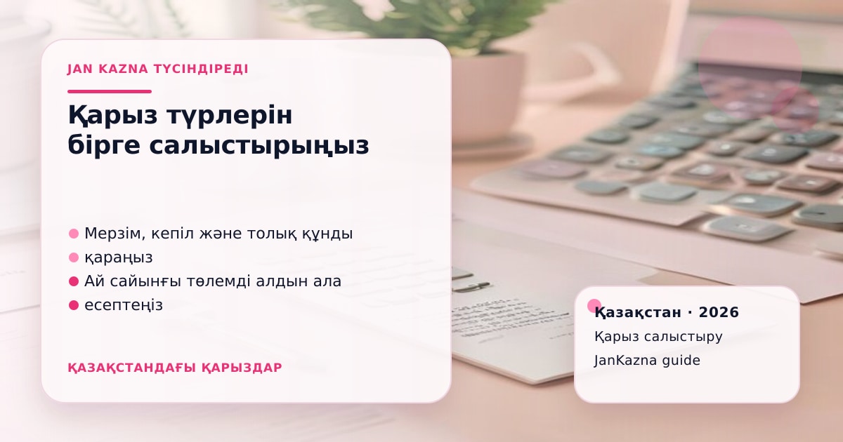 JanKazna стиліндегі пастельді кеңсе көрінісі, қарыз түрлерін салыстыру карточкасы