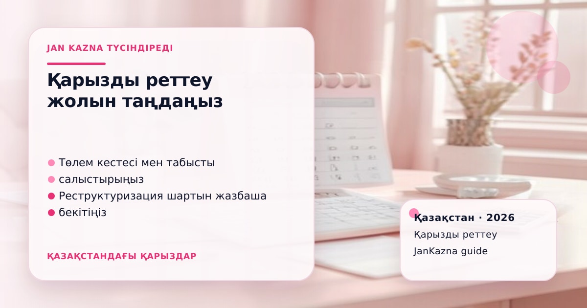 JanKazna стиліндегі пастельді кеңсе көрінісі, қарызды реттеу және төлем жоспары карточкасы