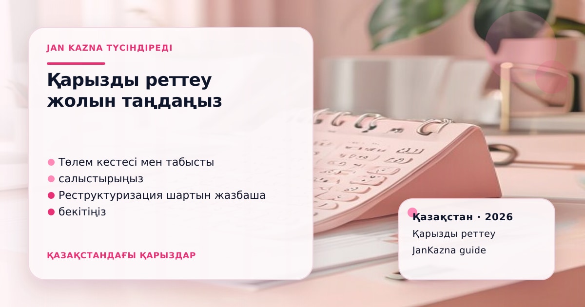 JanKazna стиліндегі пастельді кеңсе көрінісі, қарызды реттеу және төлем жоспары карточкасы