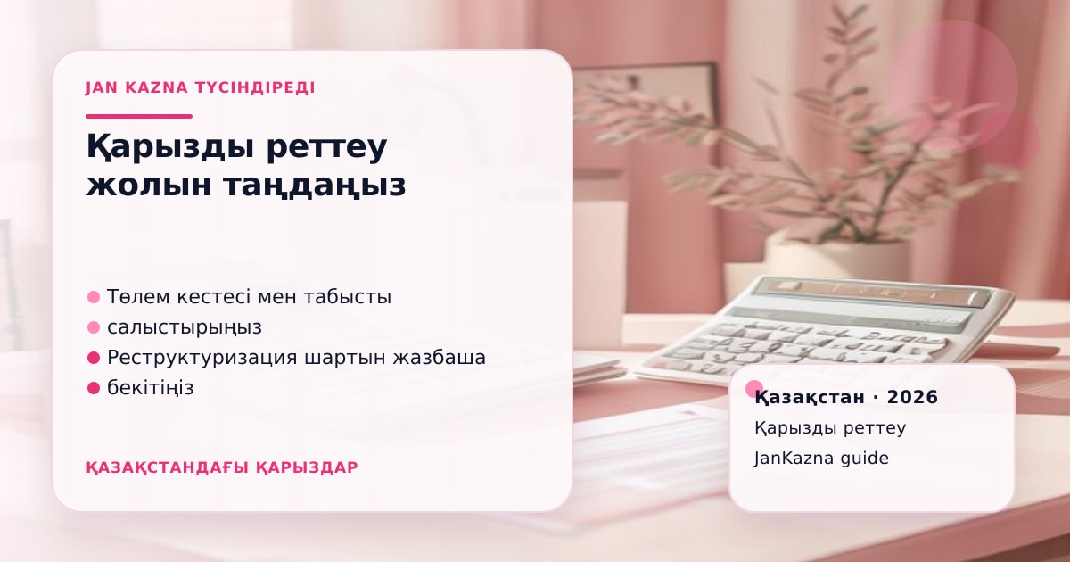 JanKazna стиліндегі пастельді кеңсе көрінісі, қарызды реттеу және төлем жоспары карточкасы