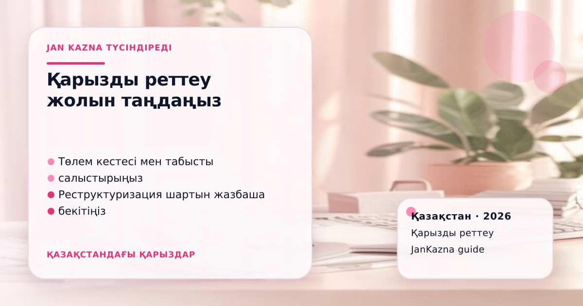 JanKazna стиліндегі пастельді кеңсе көрінісі, қарызды реттеу және төлем жоспары карточкасы
