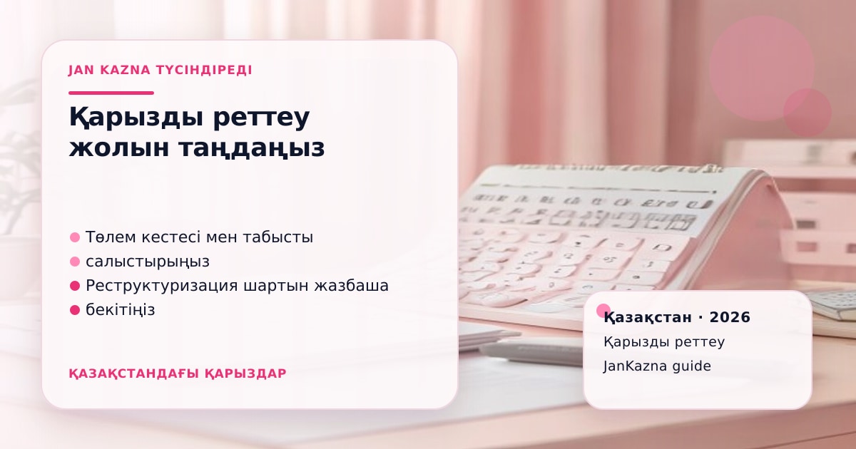 JanKazna стиліндегі пастельді кеңсе көрінісі, қарызды реттеу және төлем жоспары карточкасы