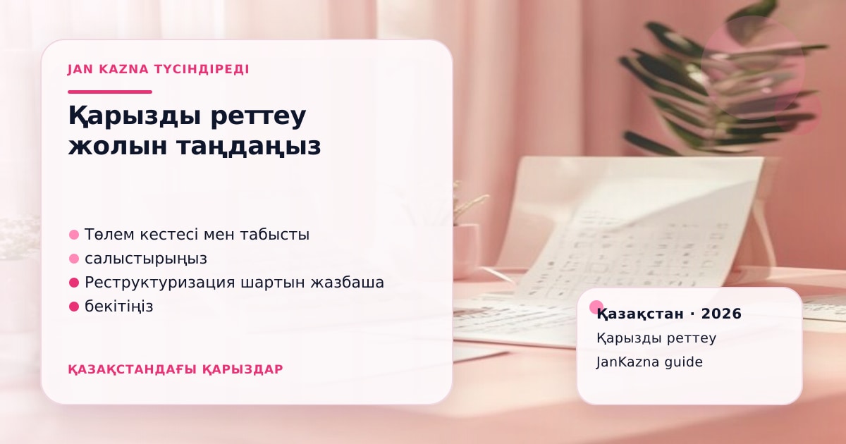 JanKazna стиліндегі пастельді кеңсе көрінісі, қарызды реттеу және төлем жоспары карточкасы
