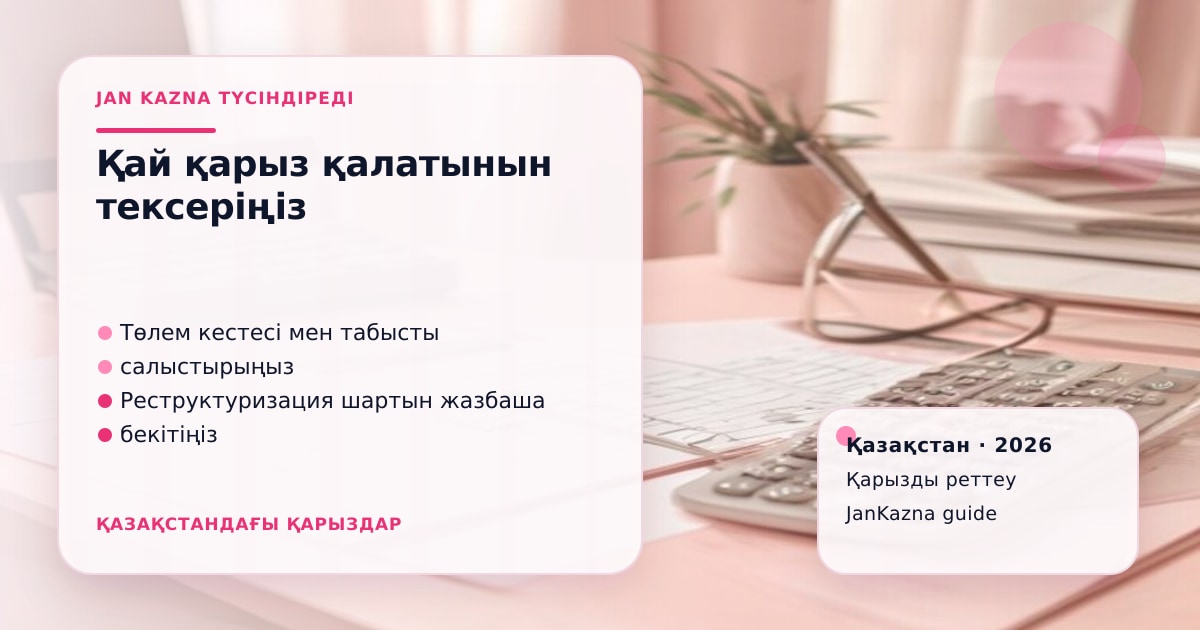 JanKazna стиліндегі пастельді кеңсе көрінісі, қарызды реттеу және төлем жоспары карточкасы