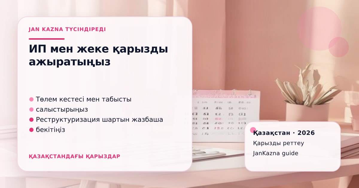 JanKazna стиліндегі пастельді кеңсе көрінісі, қарызды реттеу және төлем жоспары карточкасы